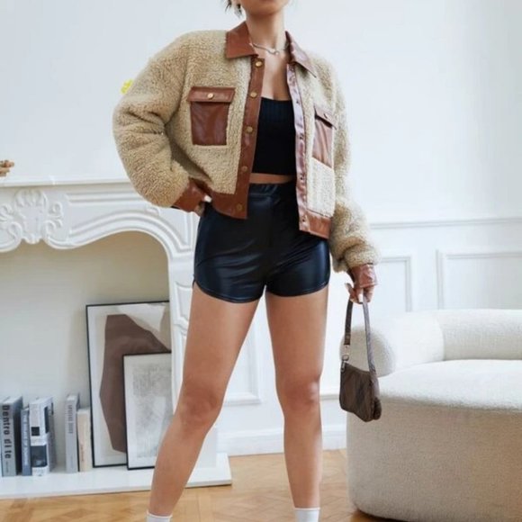 faux fur Teddy Crop Jacket Coat Brown - Picture 4 of 6